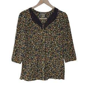 Art And Soul Top‎ Size M V Neck Ditsy Brown Floral Accordian Pleats Lace Overlay